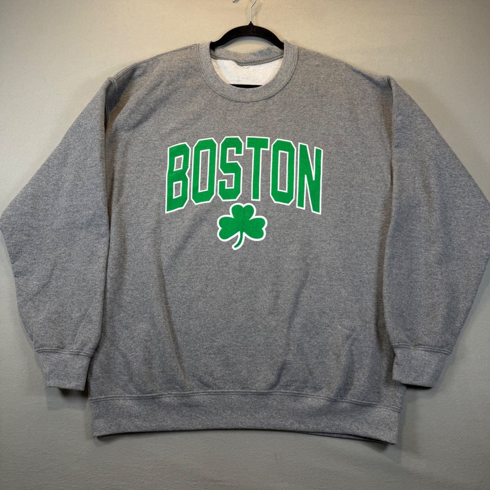 Boston Shamrock Crewneck Sweatshirt Heather Grey Green Graphic Pullover Mens XL